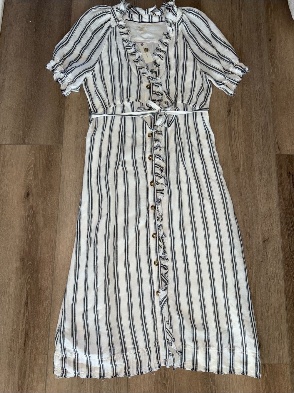 NWT Pilcro Anthropologie White Stripe Button Down Ruffle Midi Dress size 10